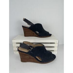 Reba Shoes Womens Size 6M Navy Blue Wedge Sandals Leather Upper Buckle Slingback
